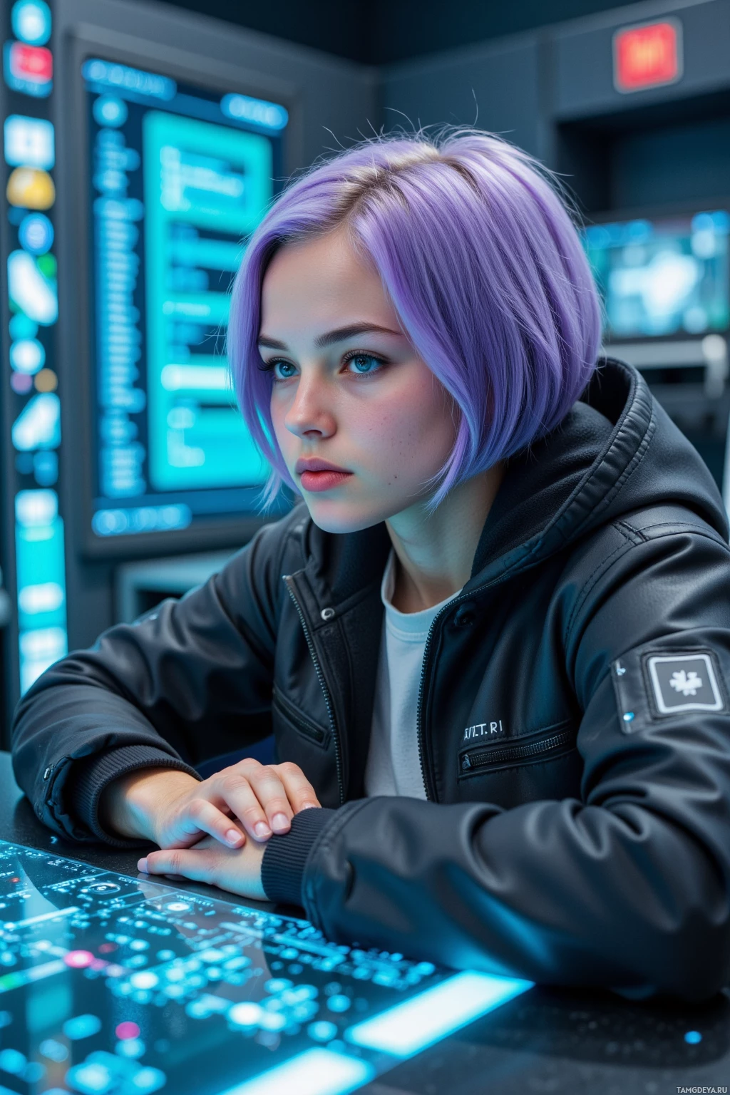 A person with purple hair sits at a futuristic control panel.
