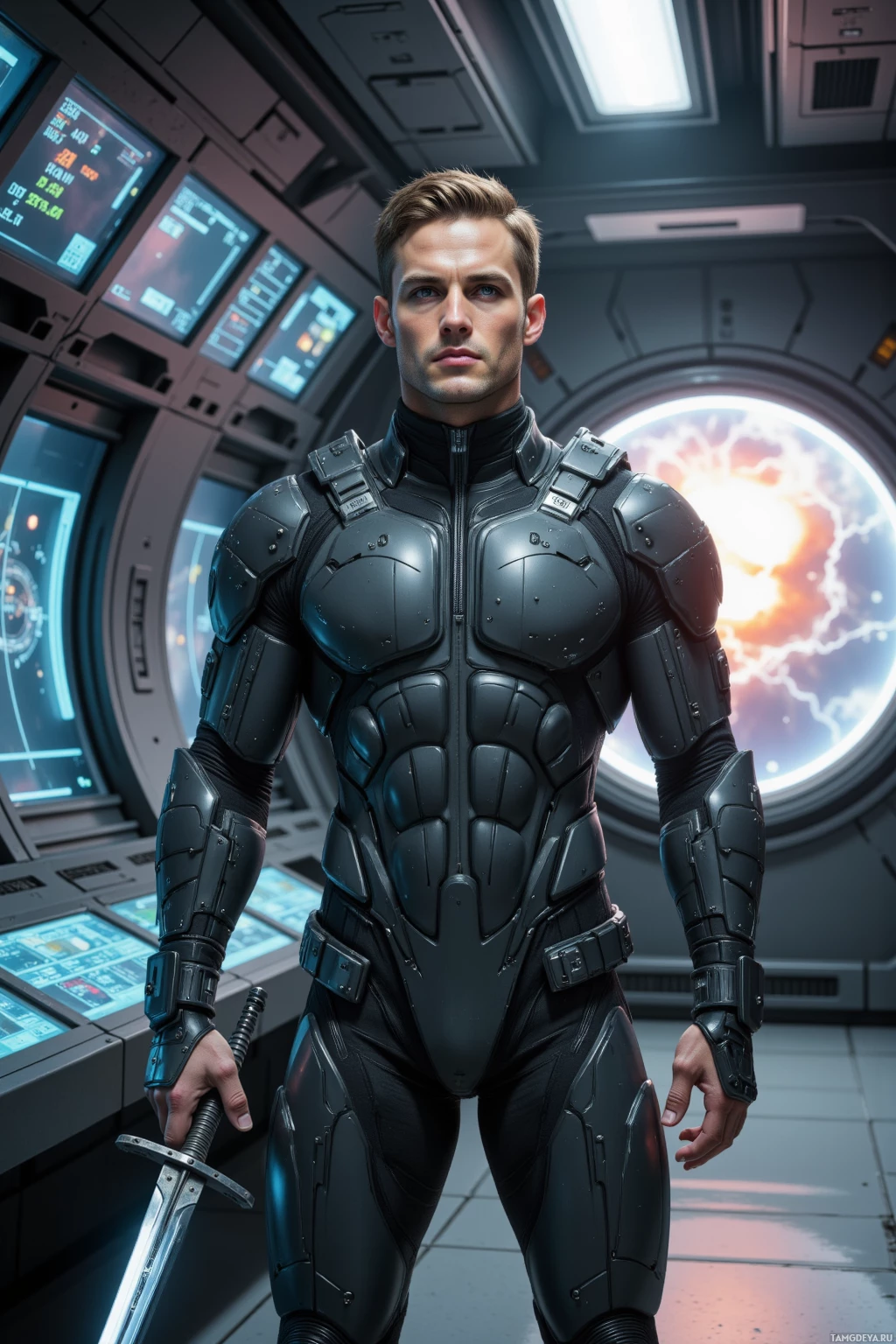 A person in futuristic armor stands in a high-tech environment, holding a sword.