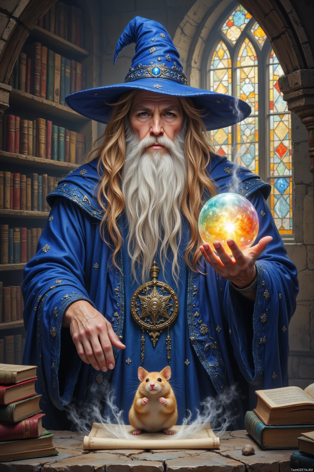 A wizard in a blue robe holds a glowing crystal ball, with a hamster on a book nearby.
