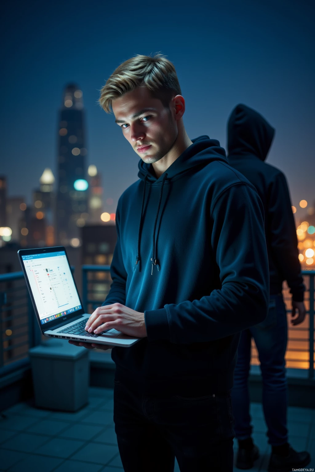 A person in a hoodie stands on a rooftop at night, holding a laptop.