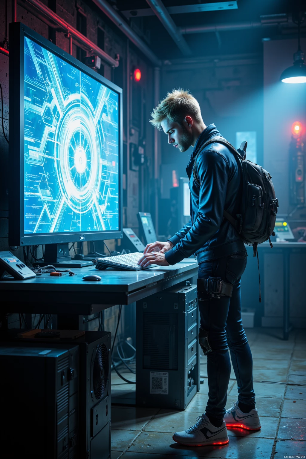 A person in a leather jacket works on a computer in a dimly lit, industrial setting.