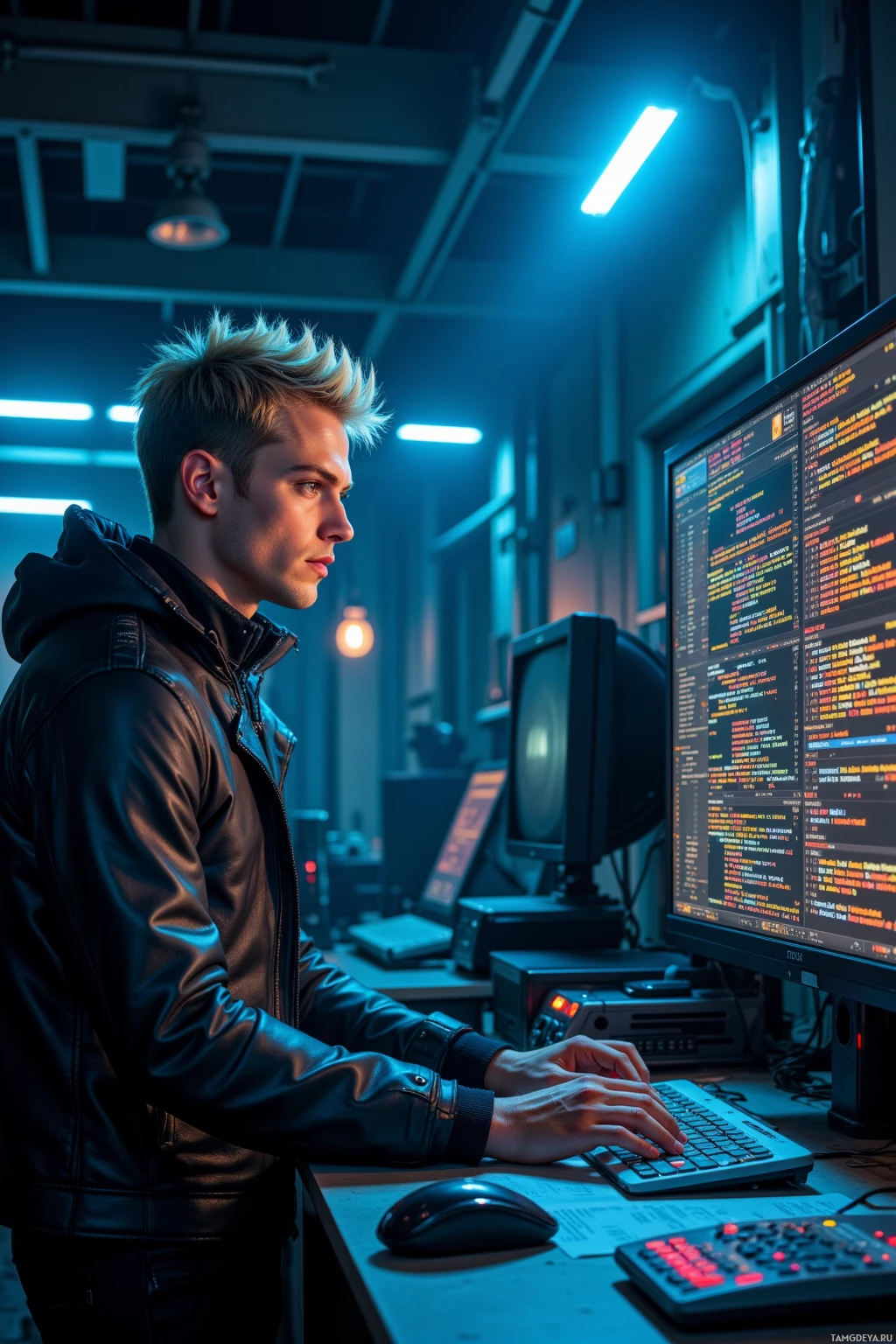 A person in a leather jacket stands at a desk, working on a computer with multiple monitors displaying code.