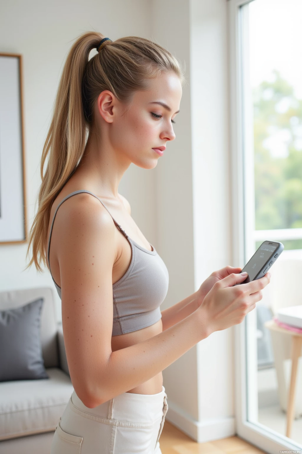 A woman in a sports bra and pants stands by a window, looking at her phone.