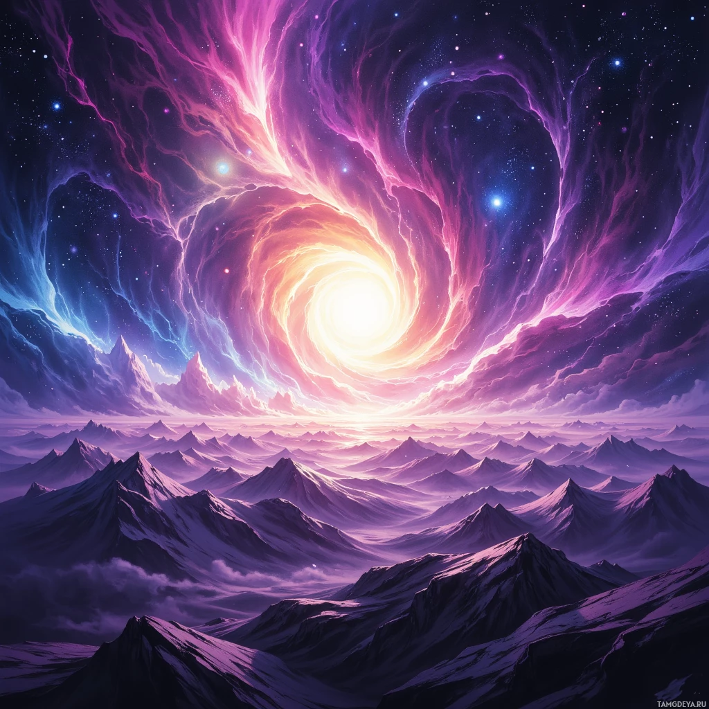 A vibrant cosmic scene featuring a swirling galaxy and mountainous terrain.