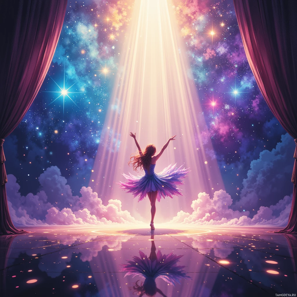A ballerina in a purple tutu stands on a reflective stage, arms outstretched, beneath a cosmic sky with radiant beams of light.