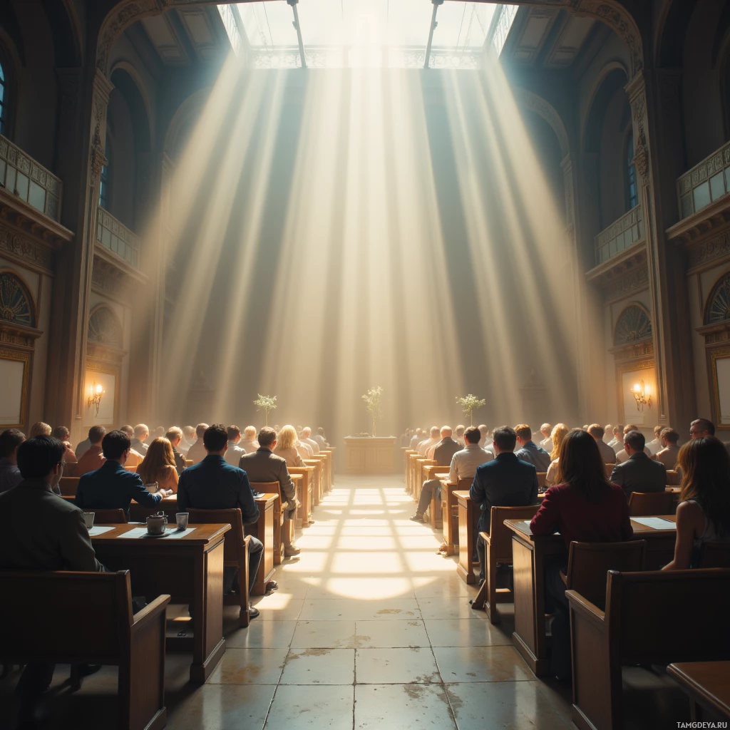 A large, ornate room filled with people seated at desks, illuminated by beams of sunlight streaming through a high ceiling.