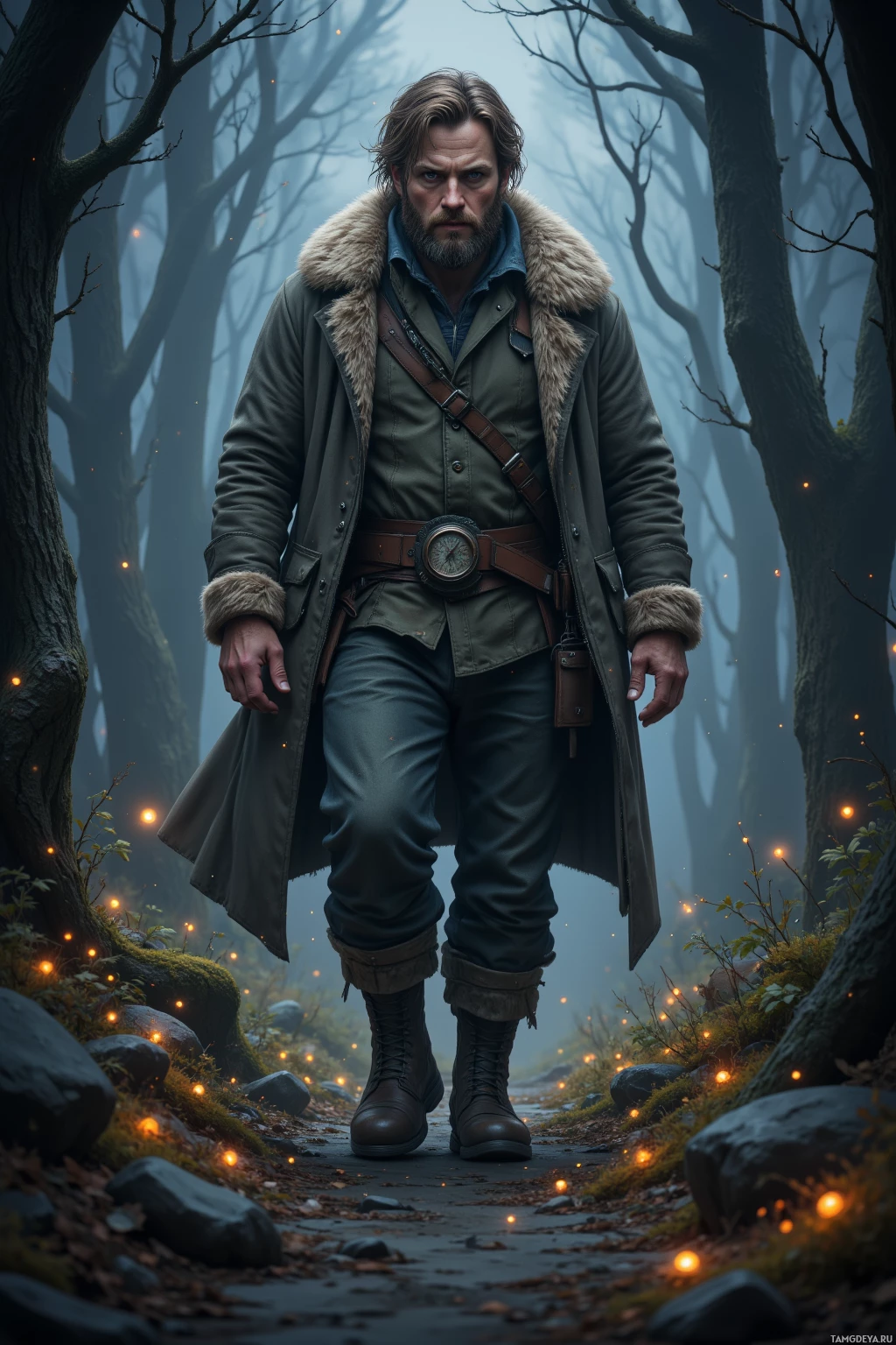 A man in a fur-trimmed coat stands in a misty forest path.