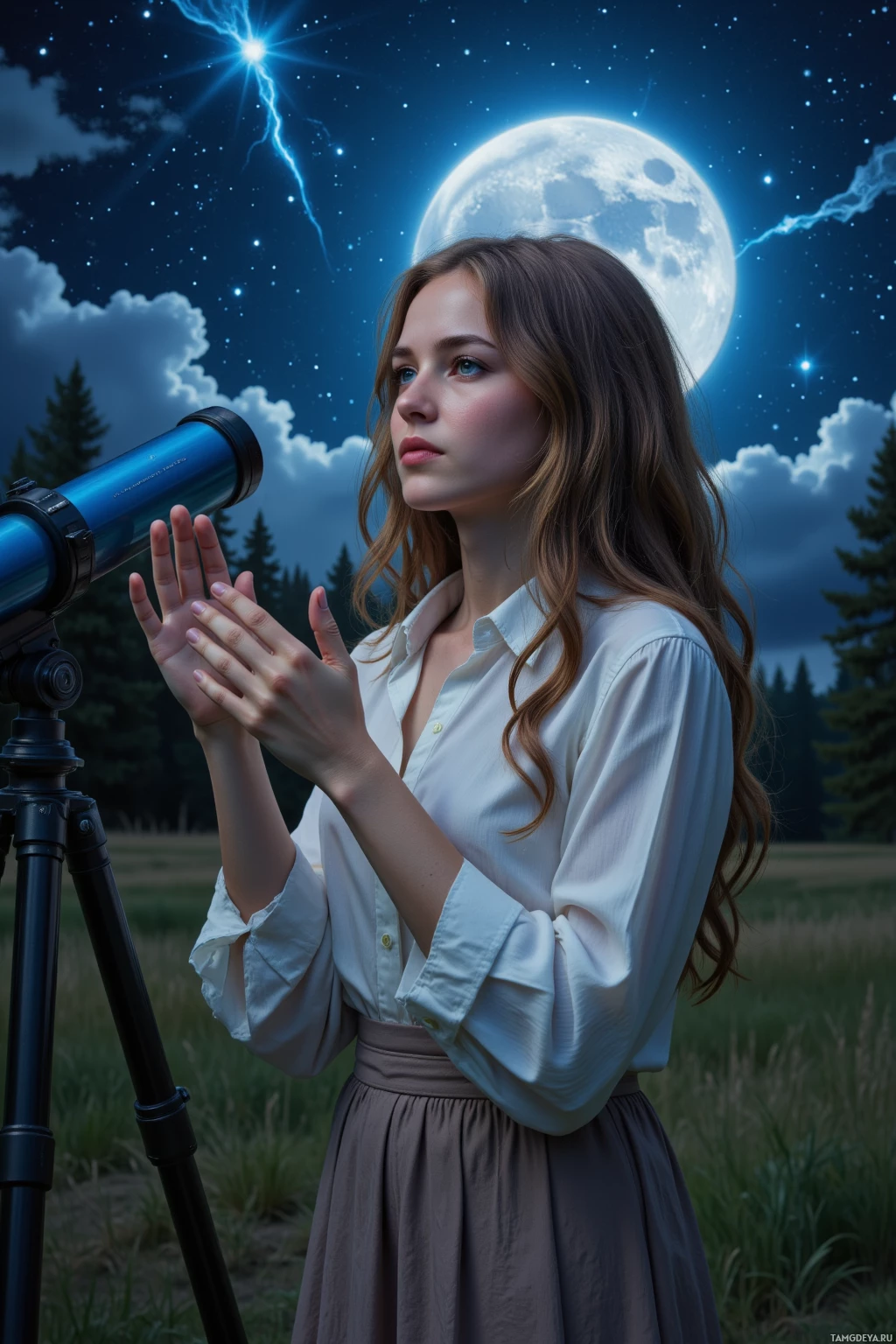 A young woman stands outdoors at night, gazing through a telescope under a starry sky with a full moon.