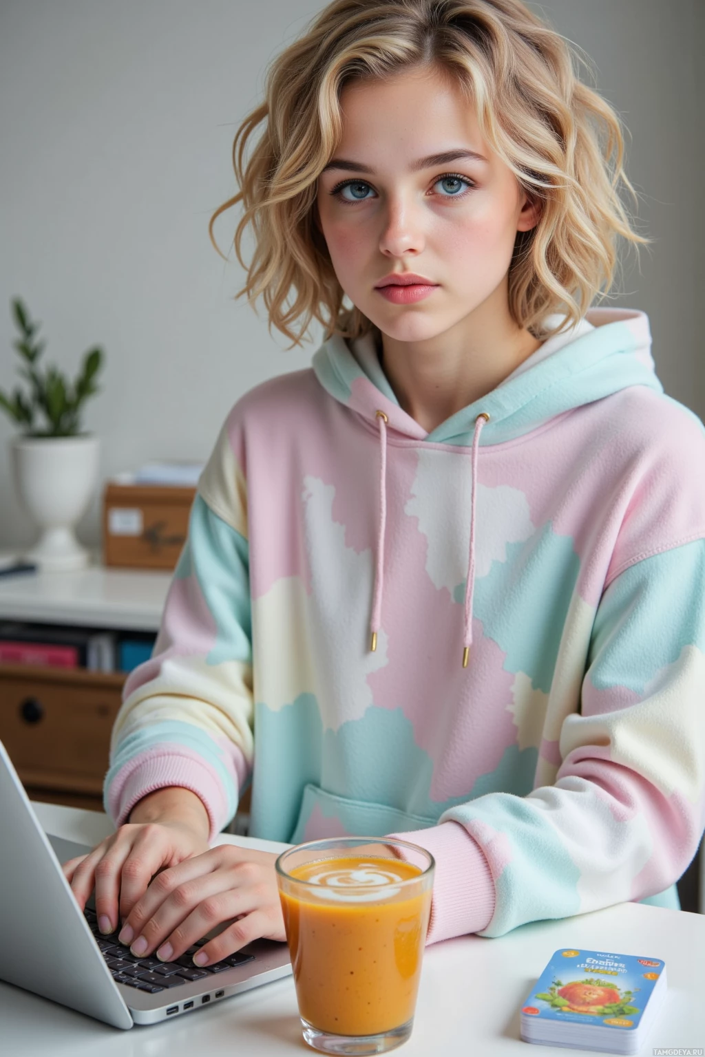 A person wearing a pastel hoodie is sitting at a desk with a laptop and a glass of orange juice.