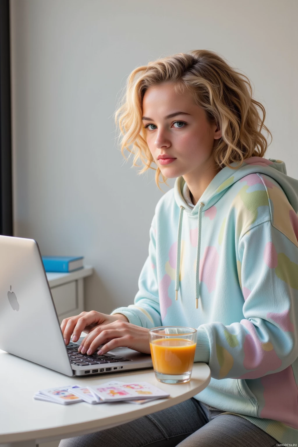 A person wearing a pastel hoodie works on a laptop at a desk with a glass of juice and some papers.