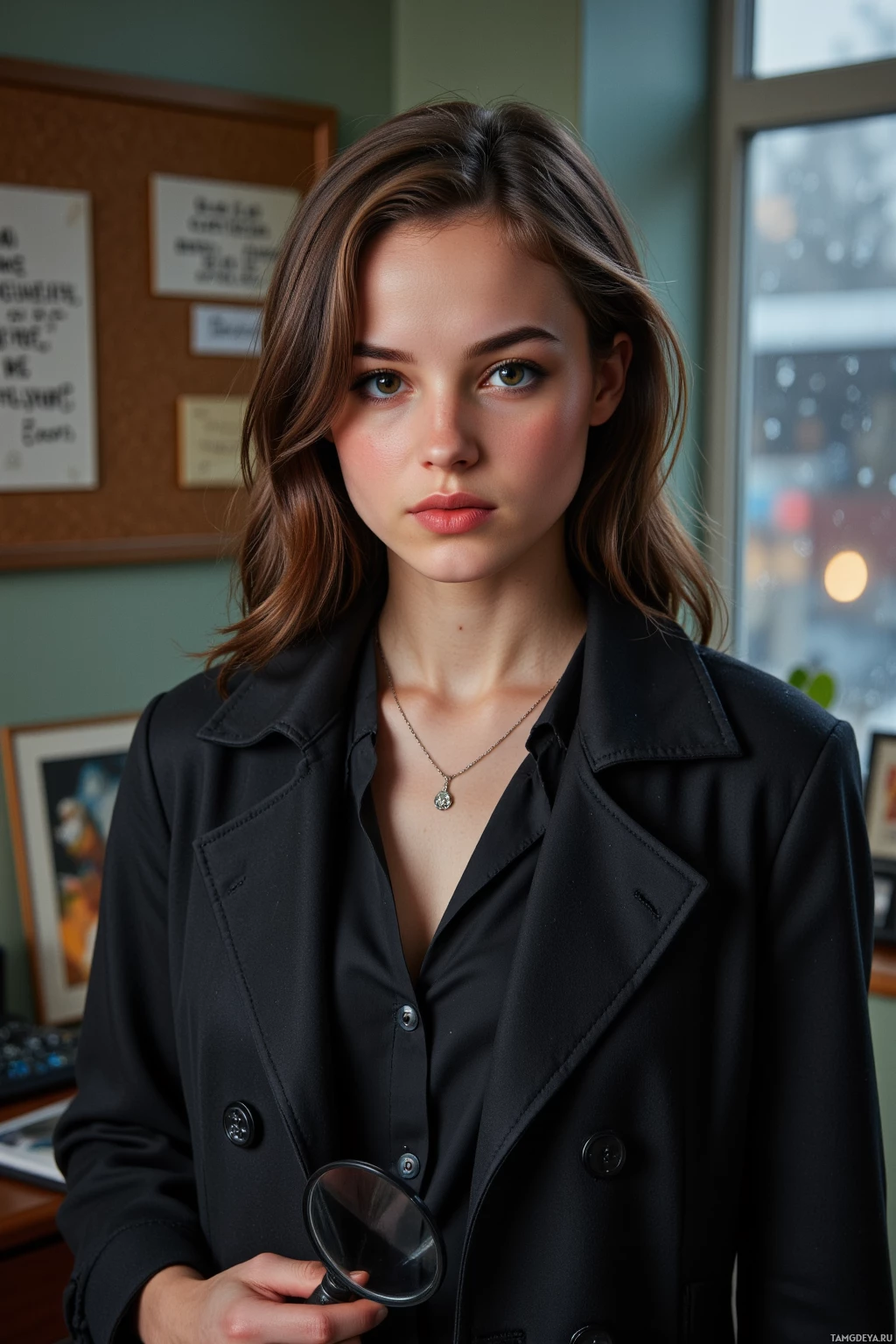 A person in a black coat holding a magnifying glass stands in an office setting.