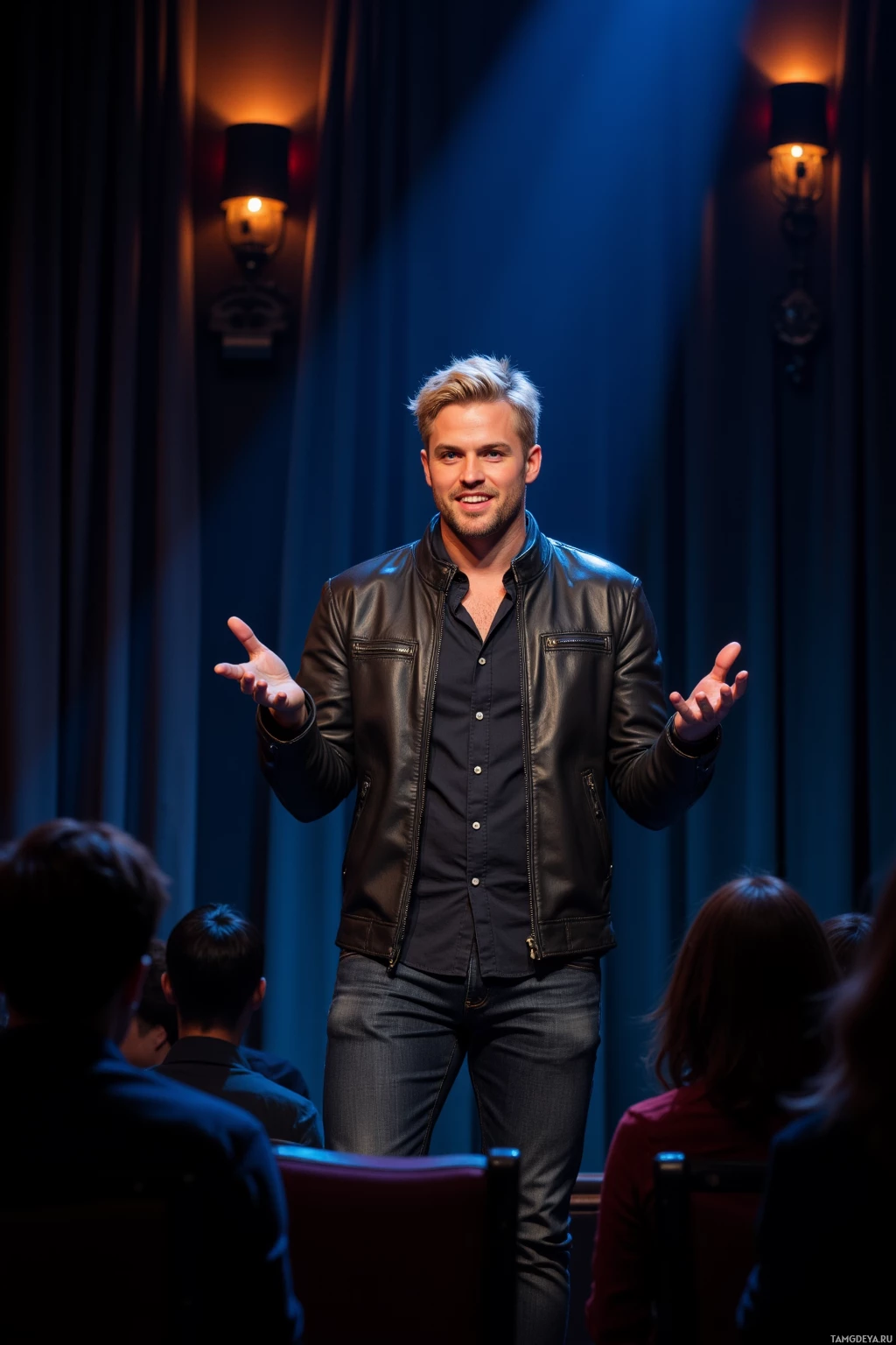 A man in a leather jacket stands on stage with his hands out, addressing an audience.