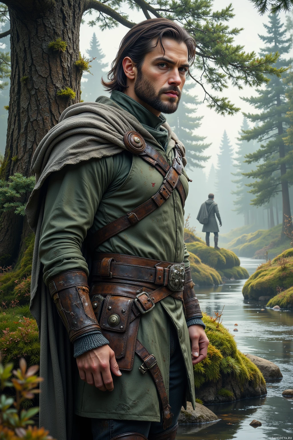 A man in medieval-style armor stands by a river in a forested area.