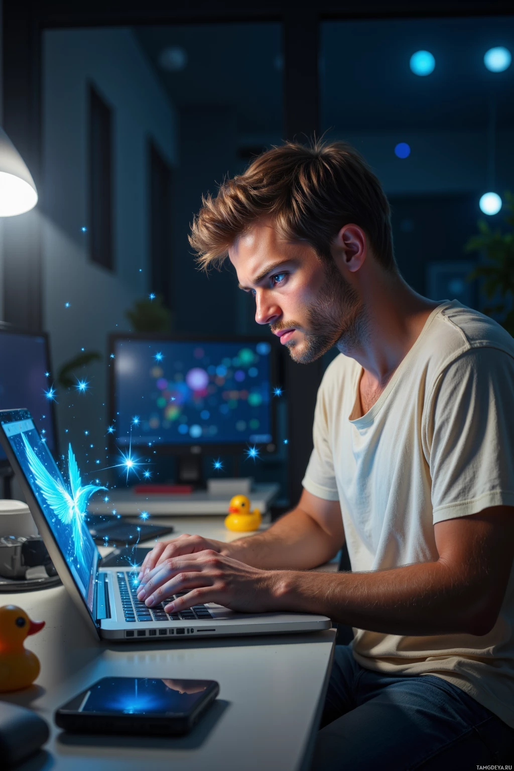 A man is working on a laptop in a dimly lit room with glowing stars and a rubber duck on the desk.