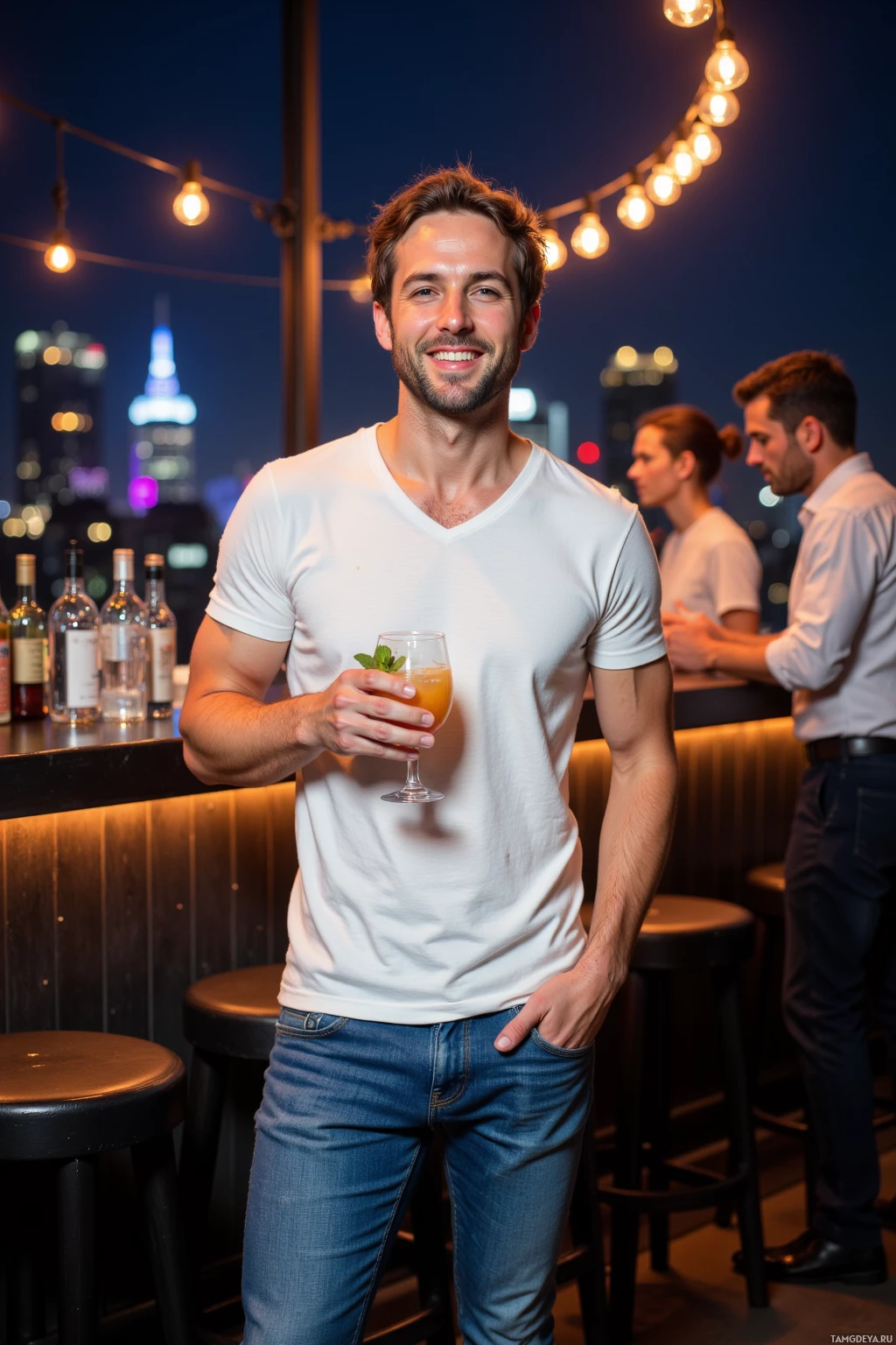 A man in a white t-shirt holds a drink at a bar with a cityscape in the background.