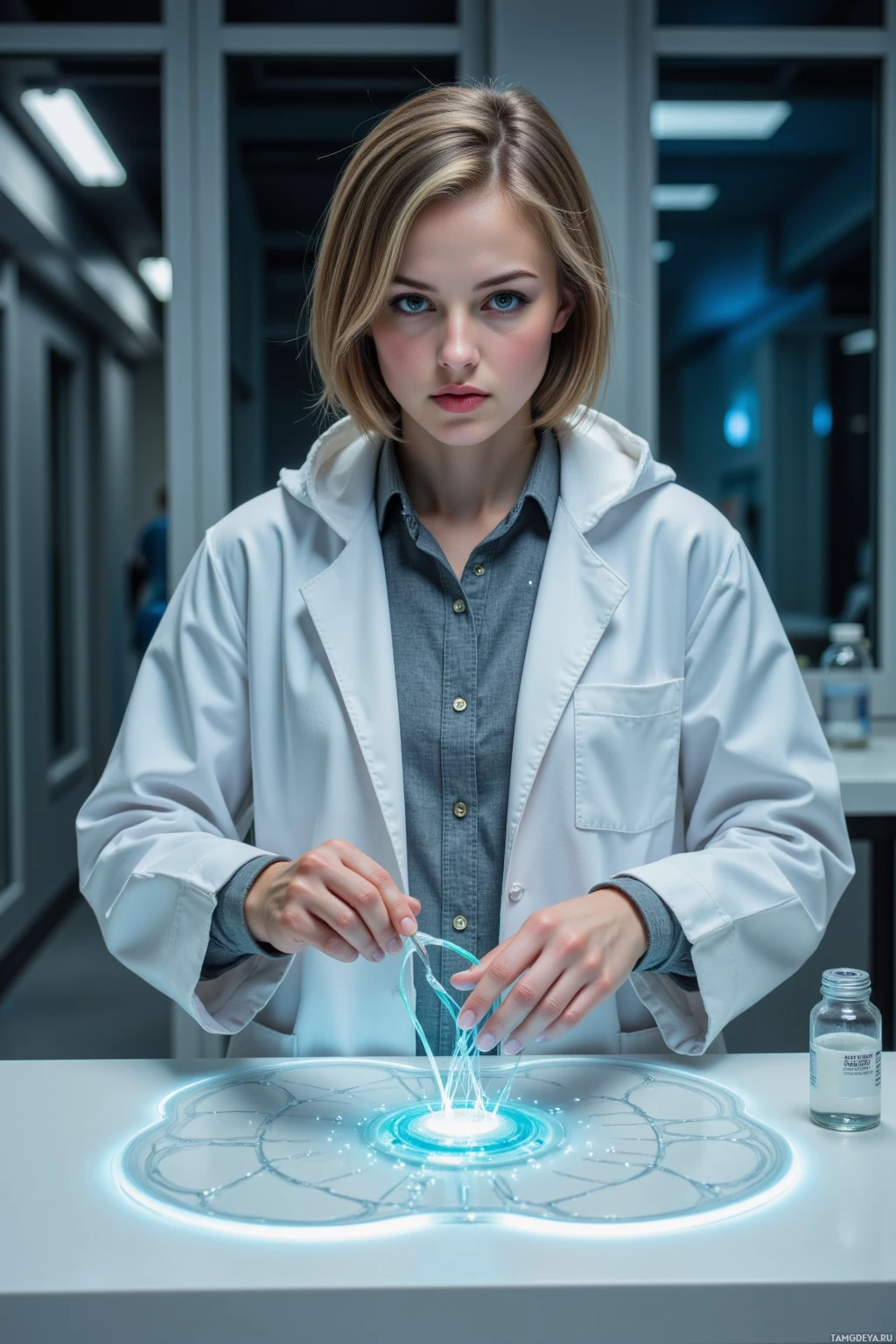 A person in a lab coat interacts with a glowing, futuristic interface on a table.