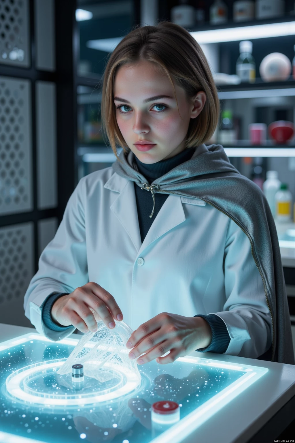 A person in a lab coat interacts with a glowing, futuristic device.