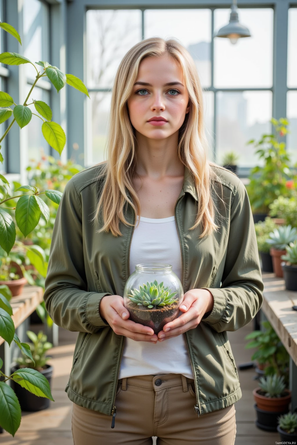 A person stands in a greenhouse holding a small terrarium with a succulent.