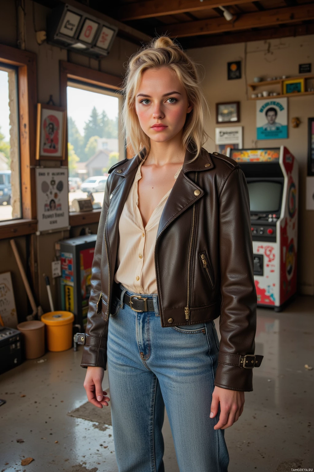 A person stands in a garage-like setting wearing a brown leather jacket and blue jeans.