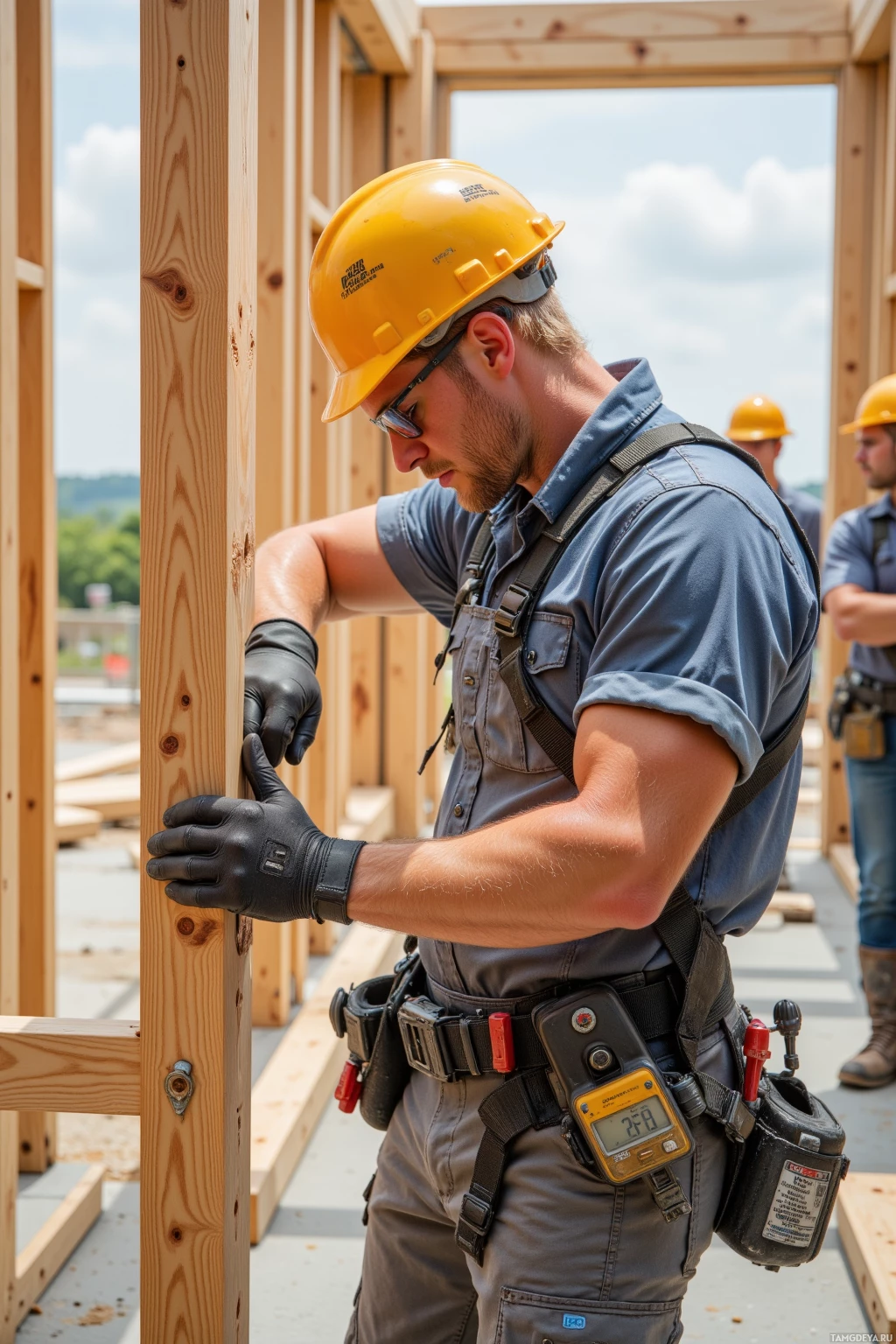 A construction worker wearing a hard hat and safety gear is working on a wooden structure.