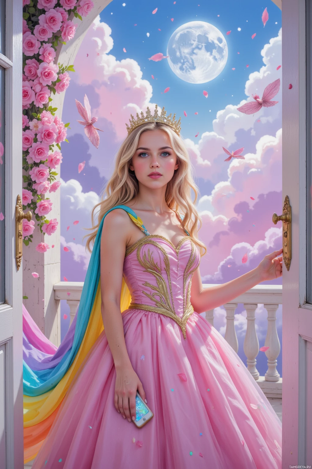 A young woman in a pink dress stands at a door adorned with flowers and butterflies, set against a dreamy sky backdrop.