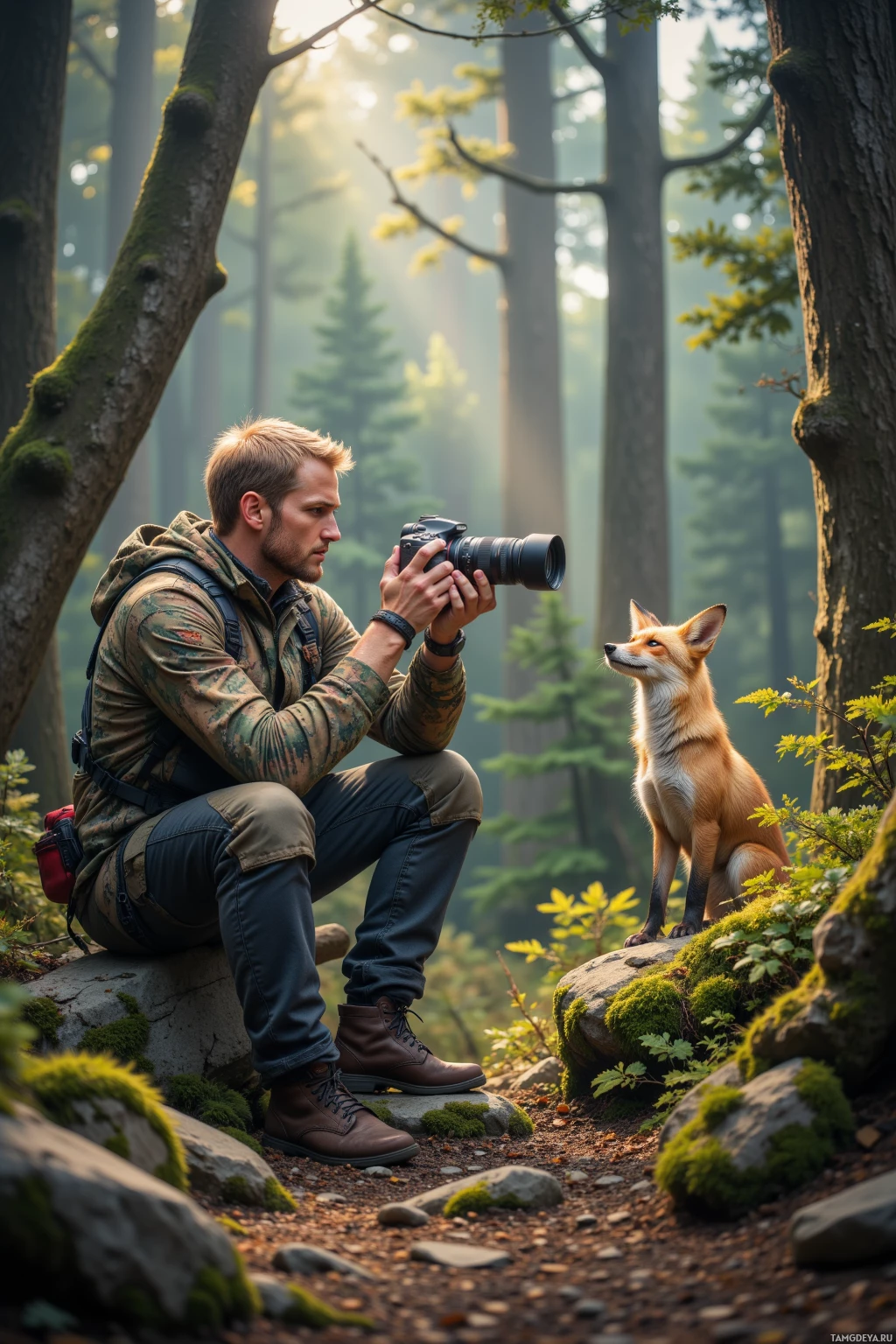 A man in a forest takes a photograph of a fox.