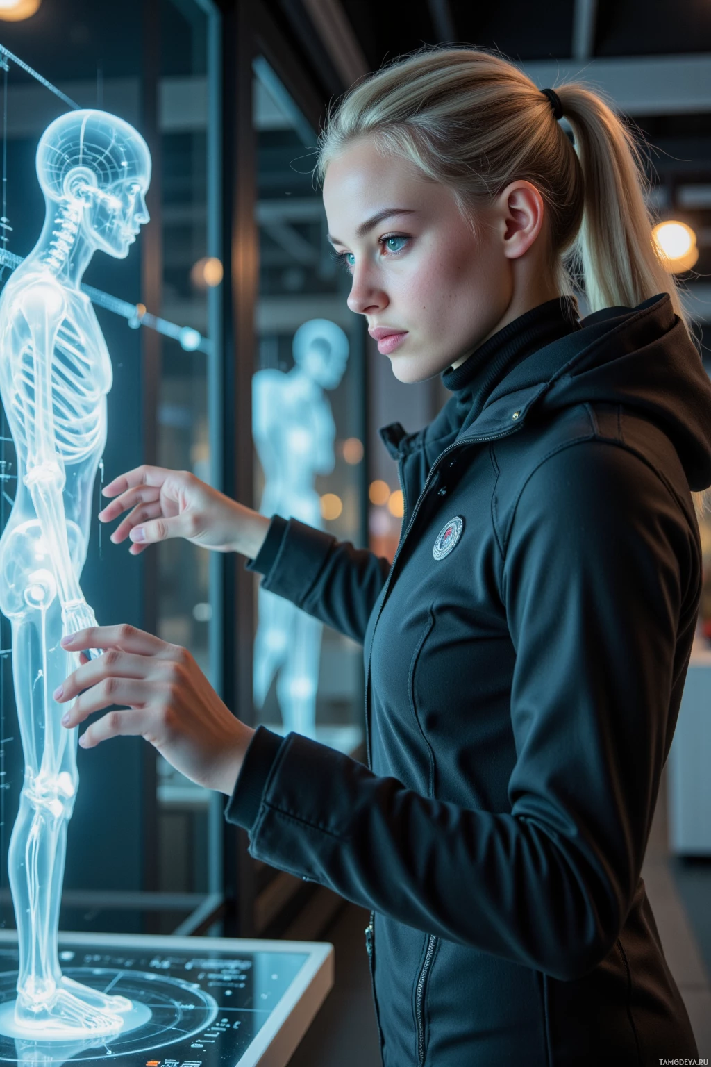 A person in a black jacket stands in front of a digital display showing a skeletal model.