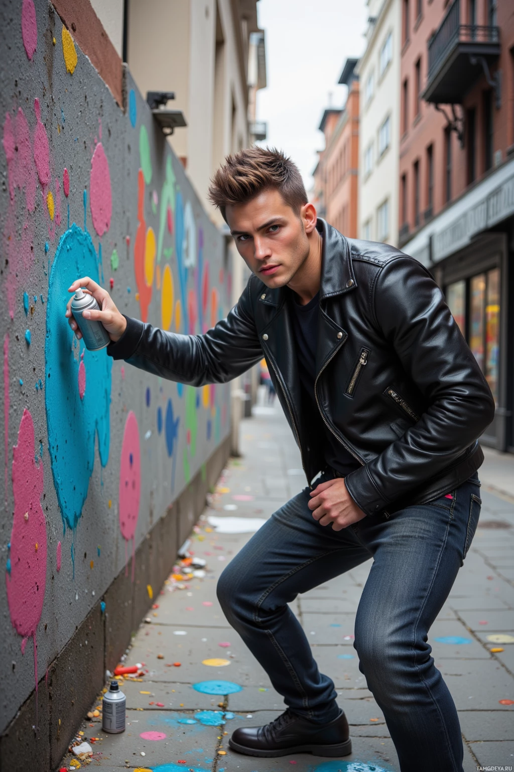 A man in a leather jacket and jeans poses against a wall with colorful graffiti.