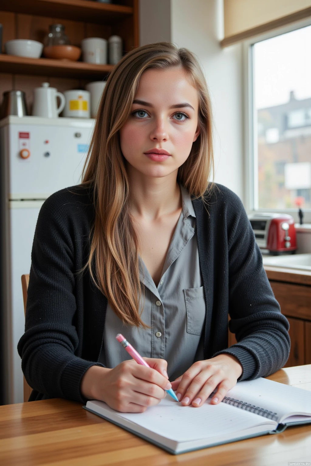 A young woman sits at a table, writing in a notebook with a pink pen.