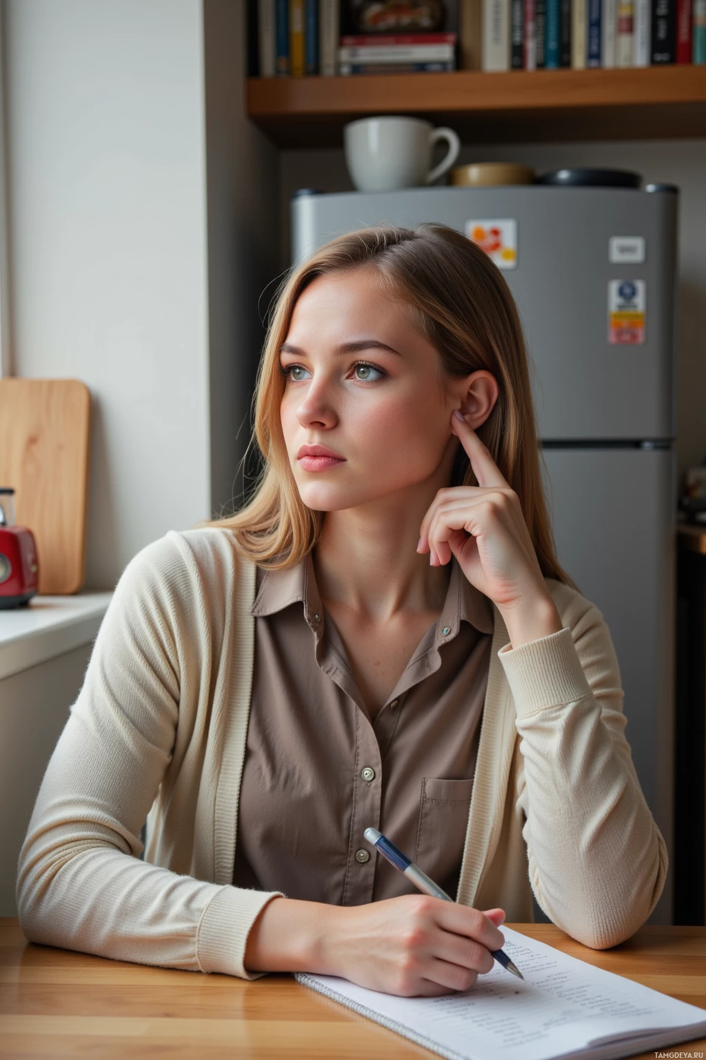A woman sits at a desk, writing in a notebook with a pen.