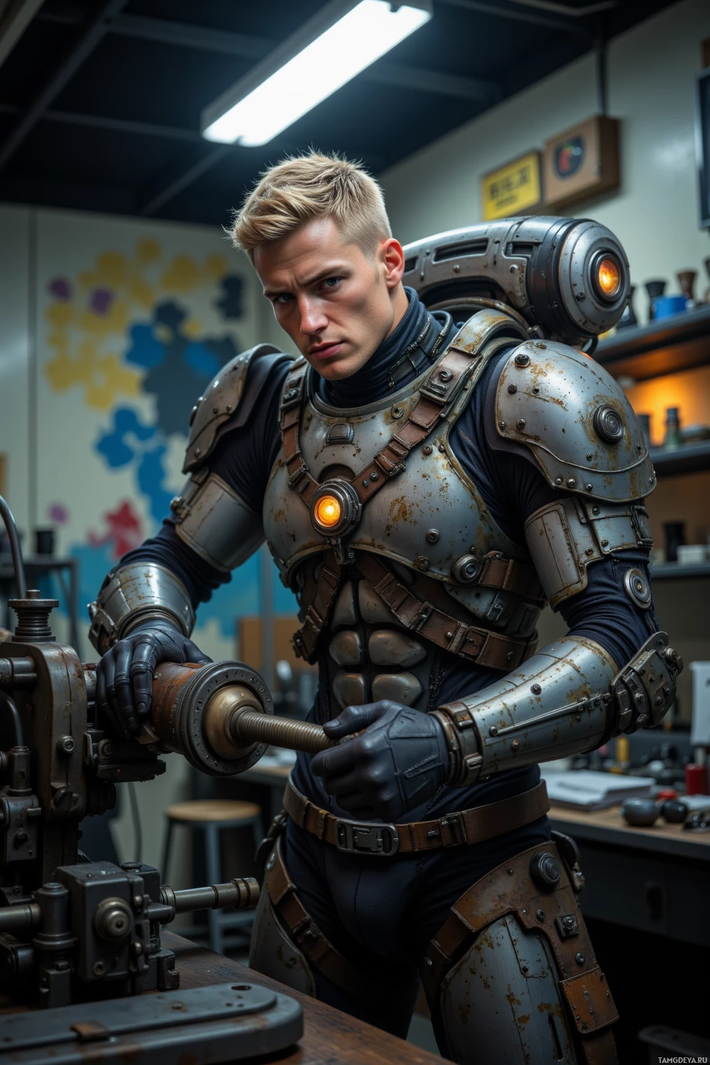 A person in a futuristic, armored suit operates a machine in a workshop setting.