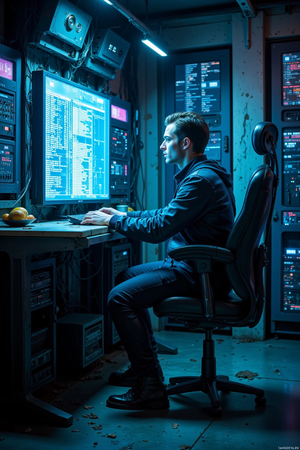 A person sits at a desk in a dimly lit room, working on a computer with multiple monitors displaying code and data.