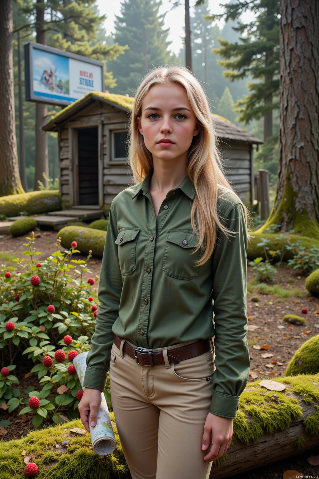A person stands outdoors in a forest setting, holding a rolled-up paper, wearing a green shirt and beige pants.