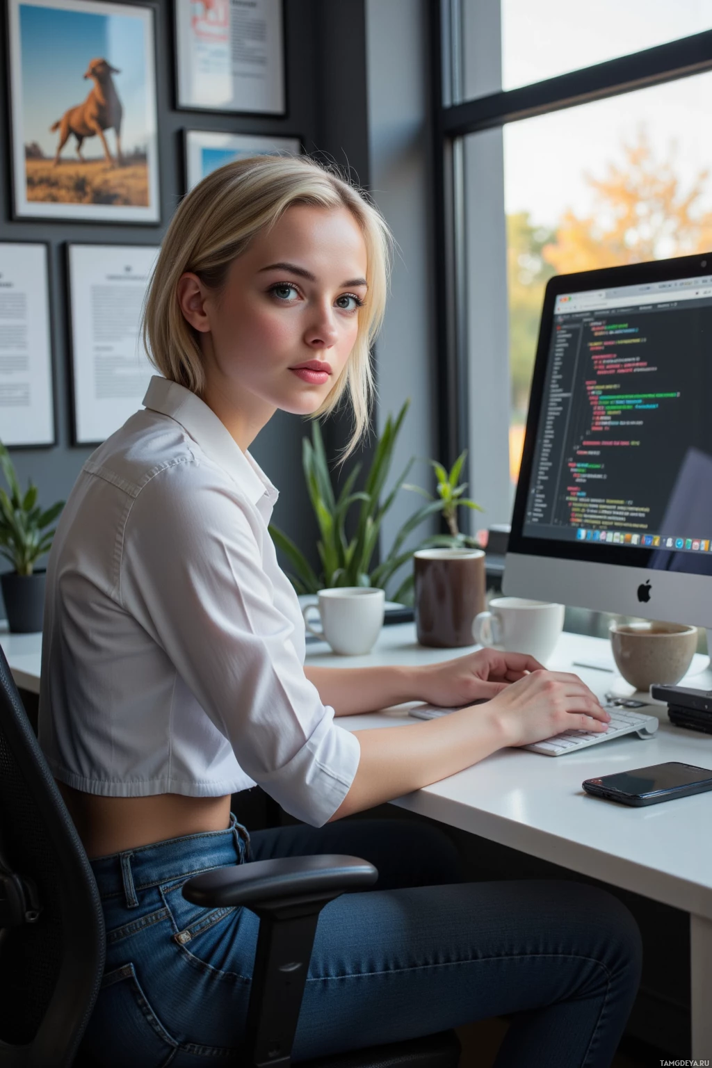 A woman sits at a desk in an office, working on a computer.
