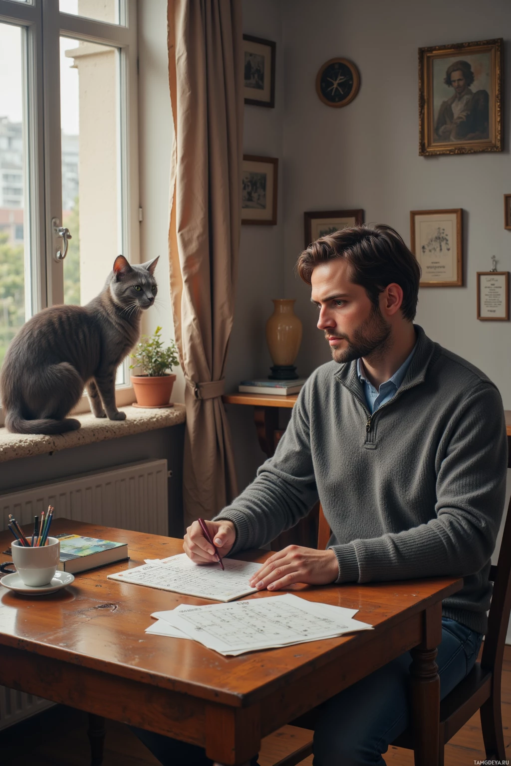 A man sits at a desk, writing, with a cat perched on the windowsill.