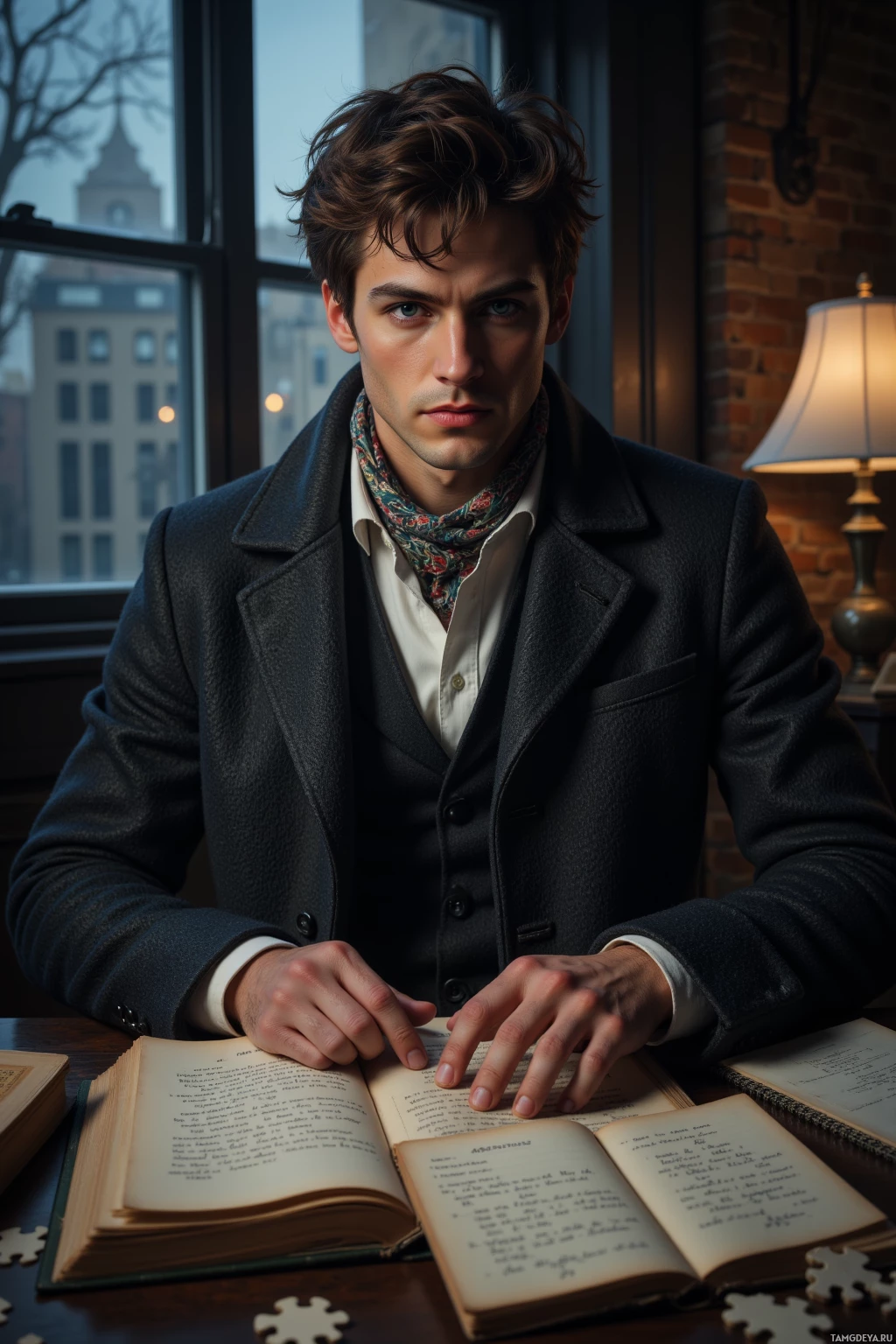 A man in a vintage-style outfit sits at a desk with an open book, surrounded by a cozy, dimly lit room.