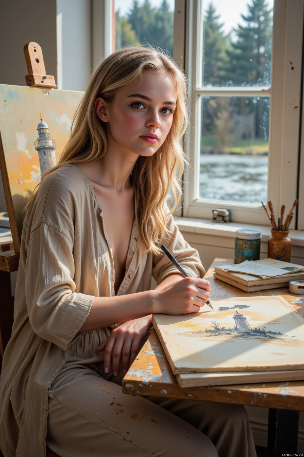 A person is seated at a desk, drawing a lighthouse scene on a canvas.