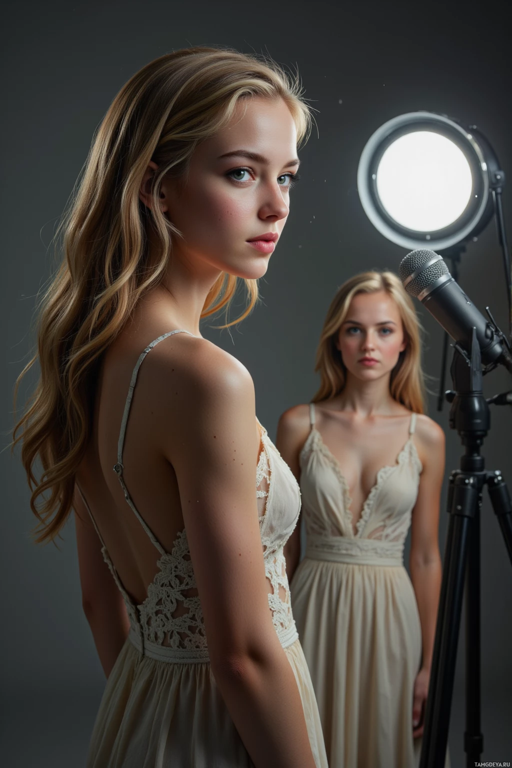 Two women in elegant dresses pose in a studio setting with professional lighting equipment.