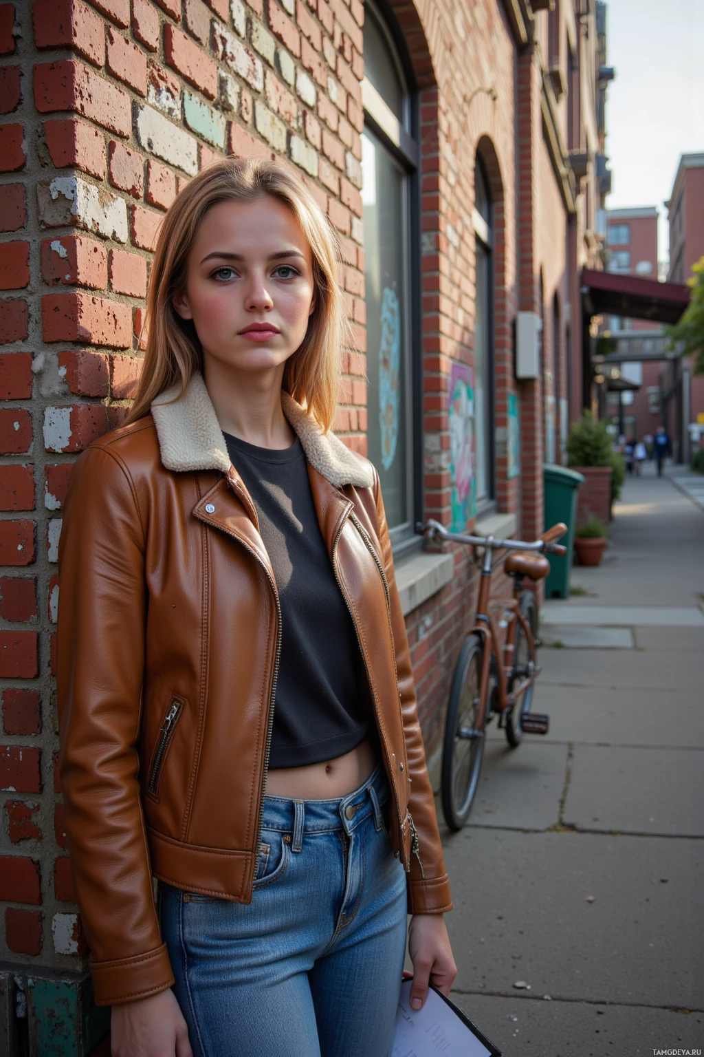 A person stands against a brick wall, wearing a brown leather jacket and jeans, holding a clipboard.