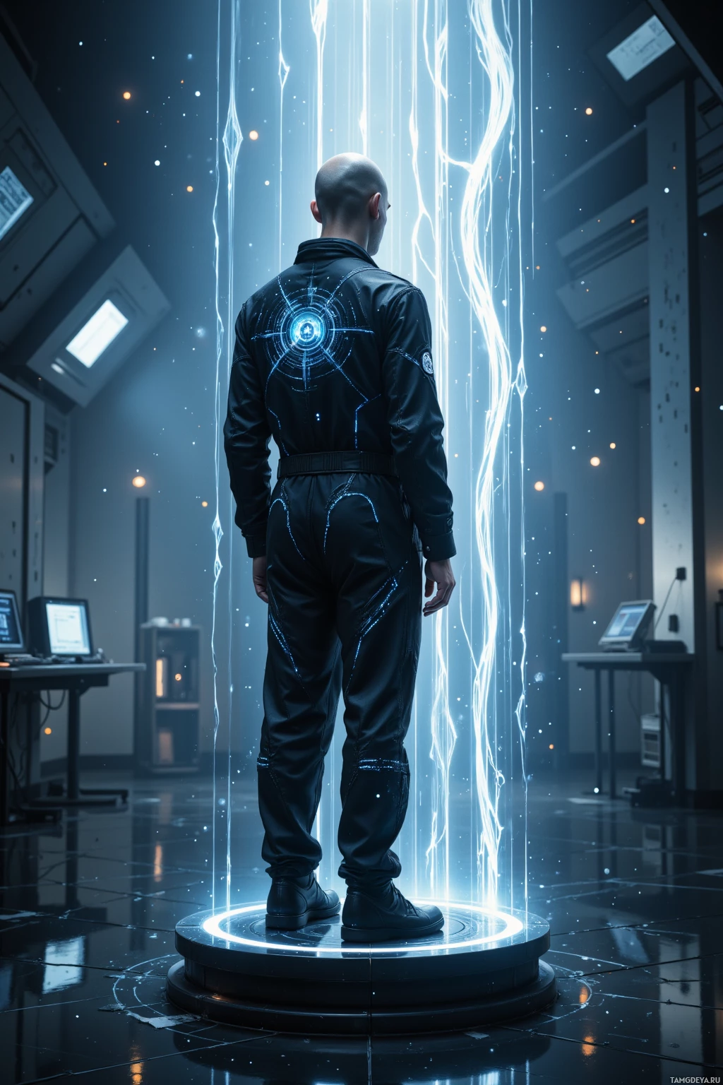 A person in a futuristic outfit stands on a circular platform with glowing lines and a bright light above.