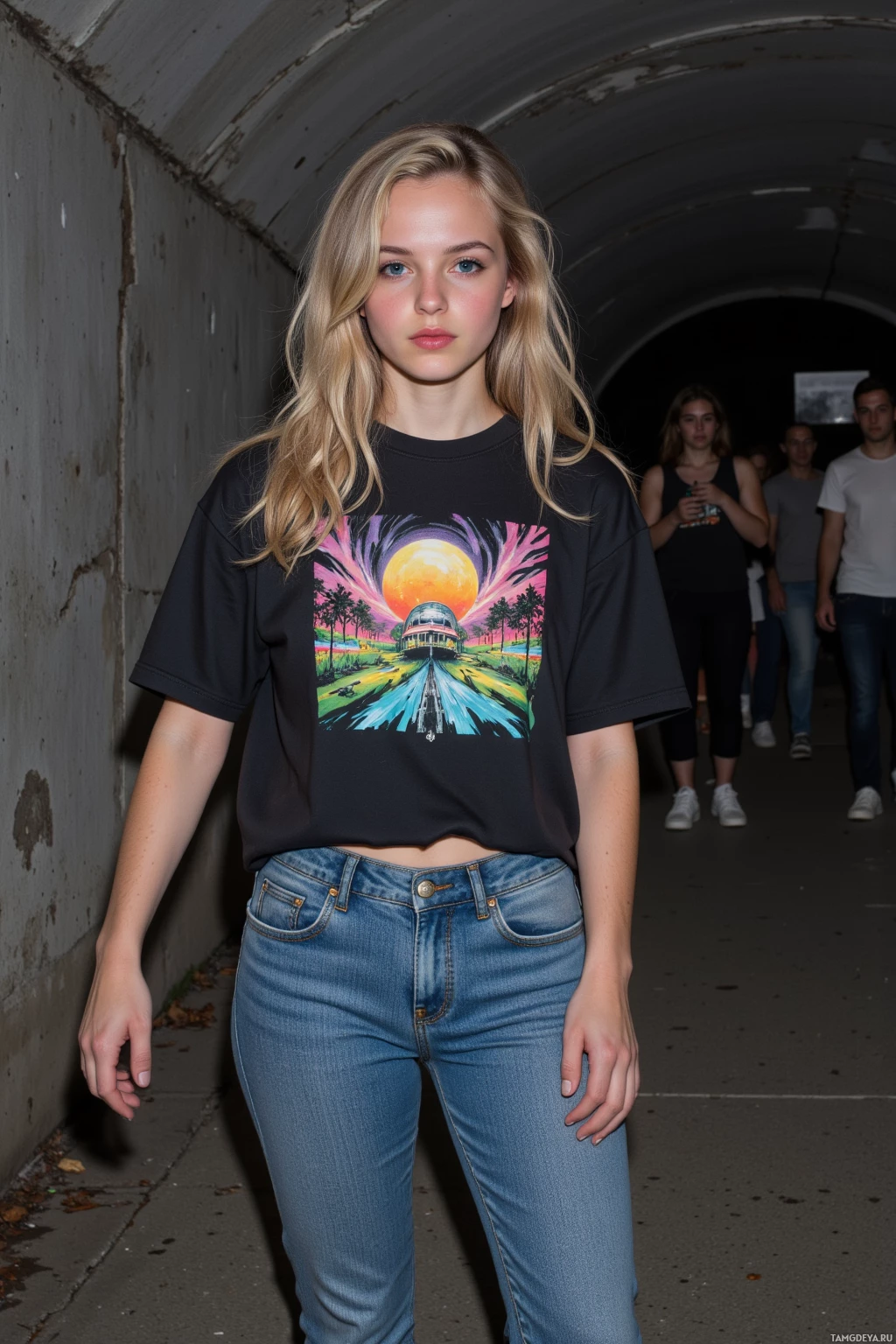 A person wearing a graphic t-shirt and jeans walks through a tunnel.