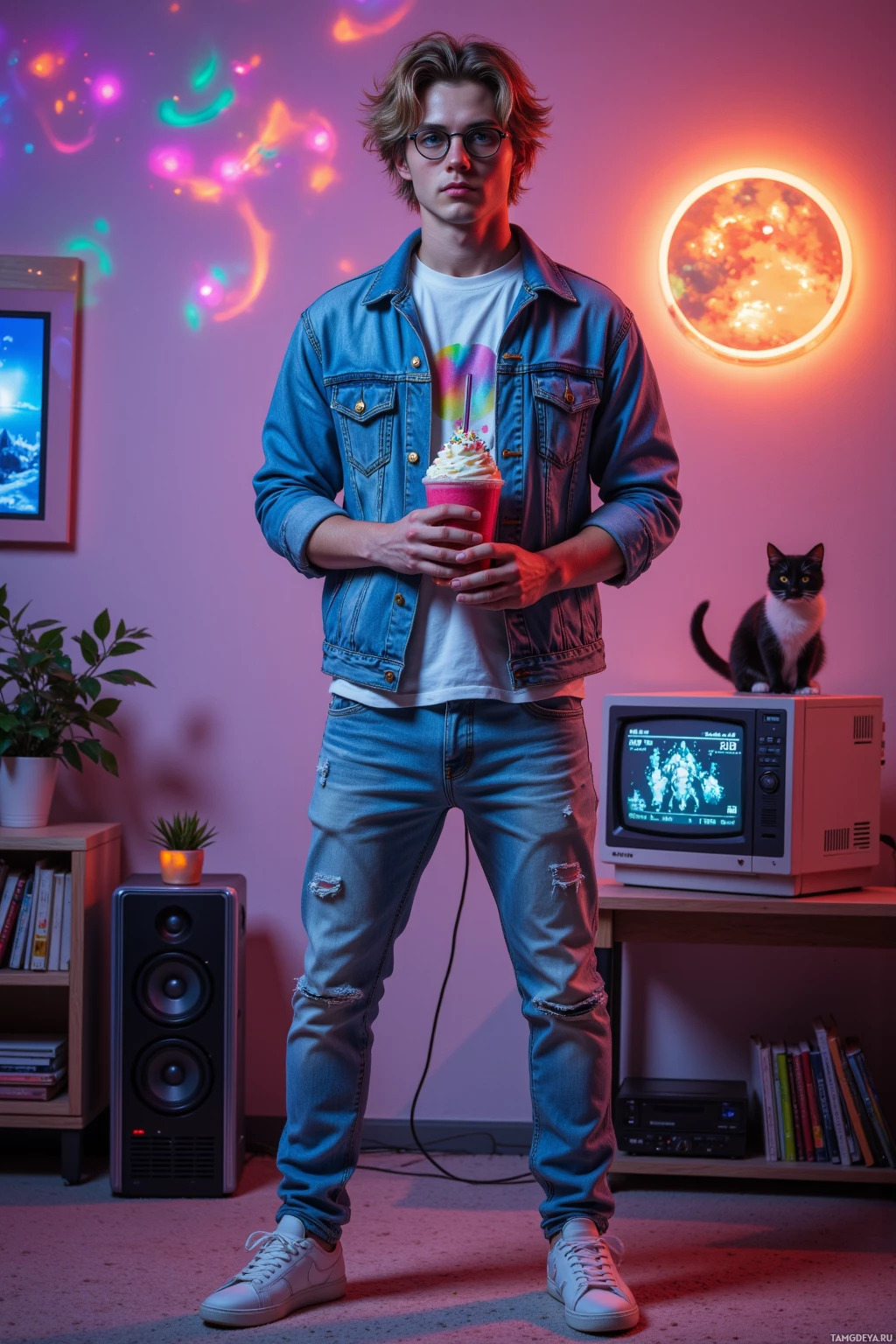 A person stands in a room with colorful lighting, holding a drink, wearing a denim jacket and jeans, with a cat and a retro TV in the background.