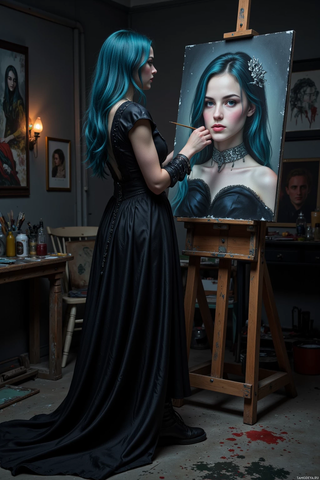 A woman in a black dress stands in an artist's studio, painting a portrait of another woman with blue hair.