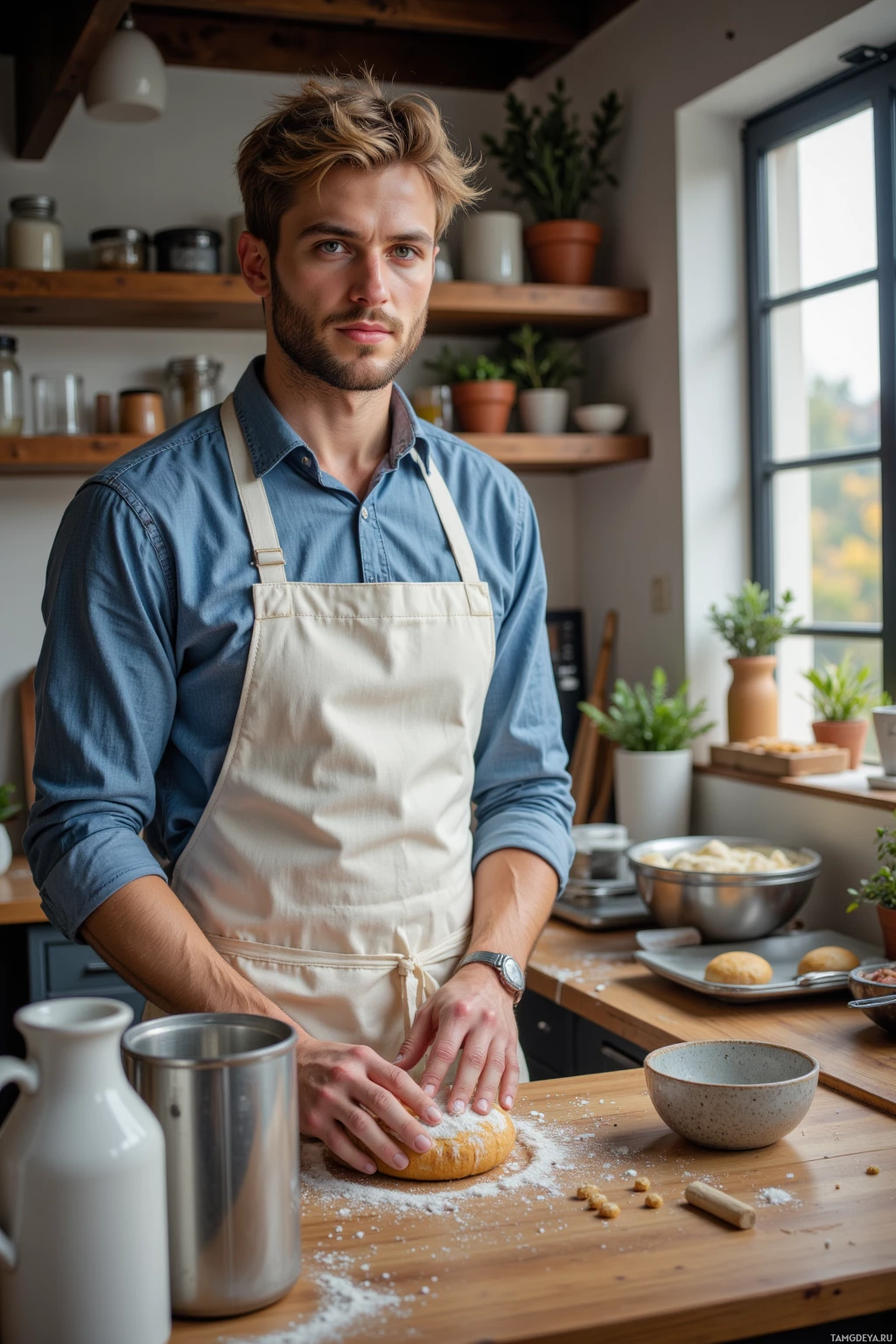 A man wearing an apron kneads dough on a wooden kitchen counter.