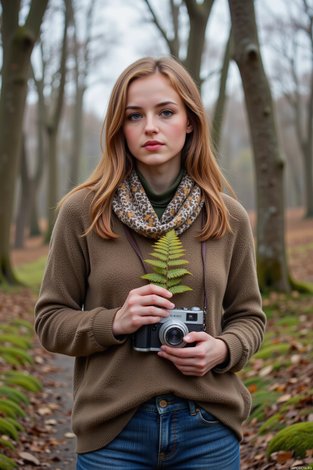 A person stands in a forest, holding a camera and a fern.