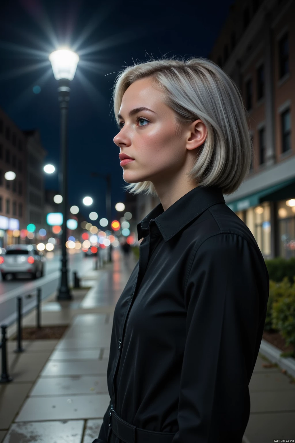 A woman with short blonde hair stands on a city sidewalk at night, illuminated by streetlights.