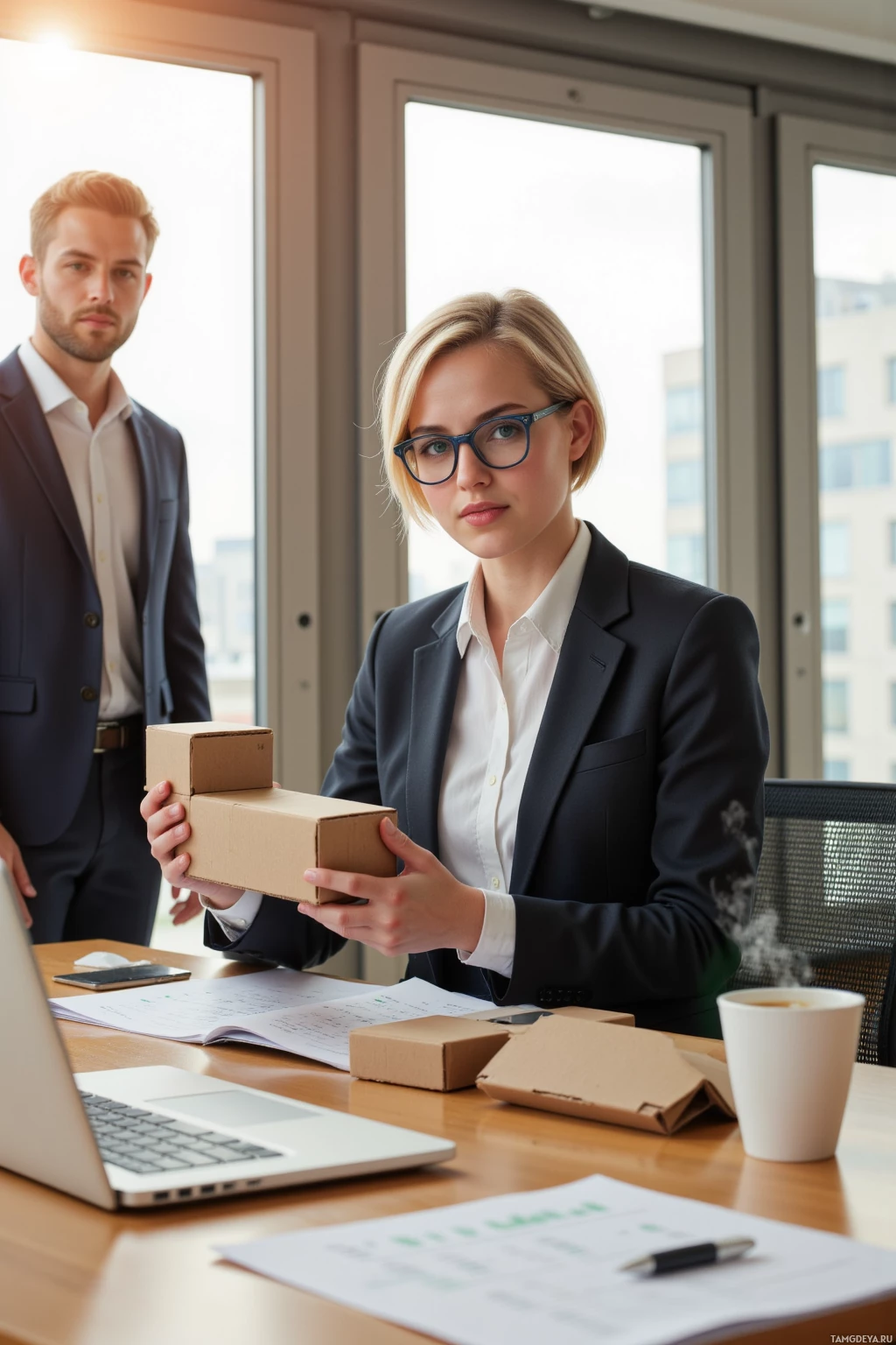 A professional setting with a woman holding a box and a man standing behind her.
