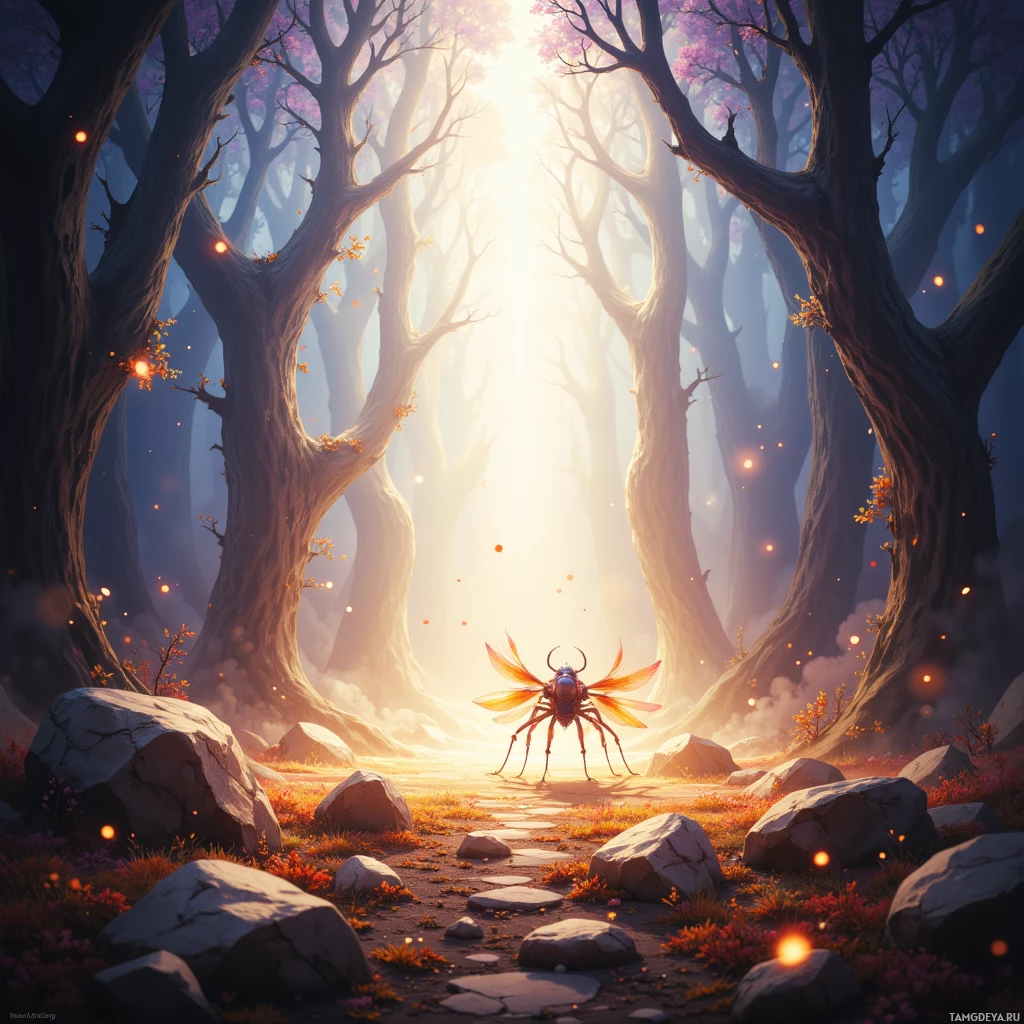 A mystical forest scene with tall, twisted trees, glowing lights, and a large insect-like creature in the foreground.