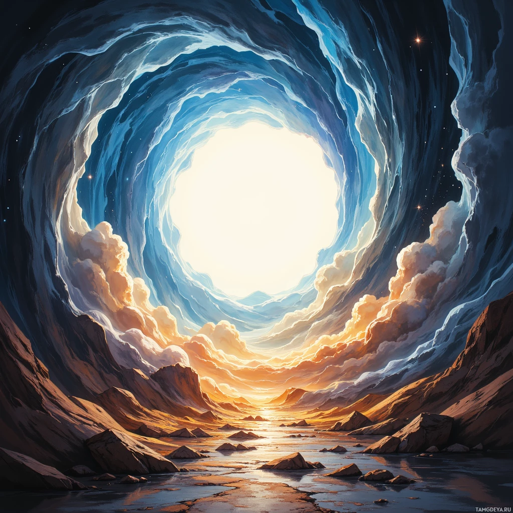 A surreal, glowing tunnel with a bright light at the end, surrounded by rocky terrain and celestial elements.