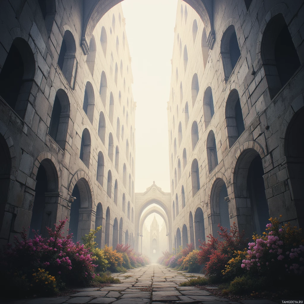 A stone archway lined with flowers leads to a bright, sunlit opening.